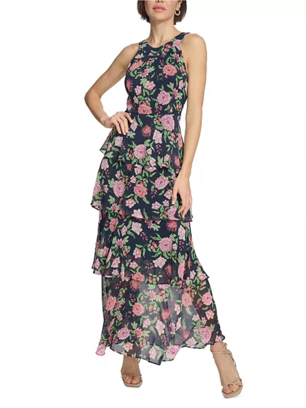 Tommy Hilfiger floral print ruffle Chiffon maxi dress